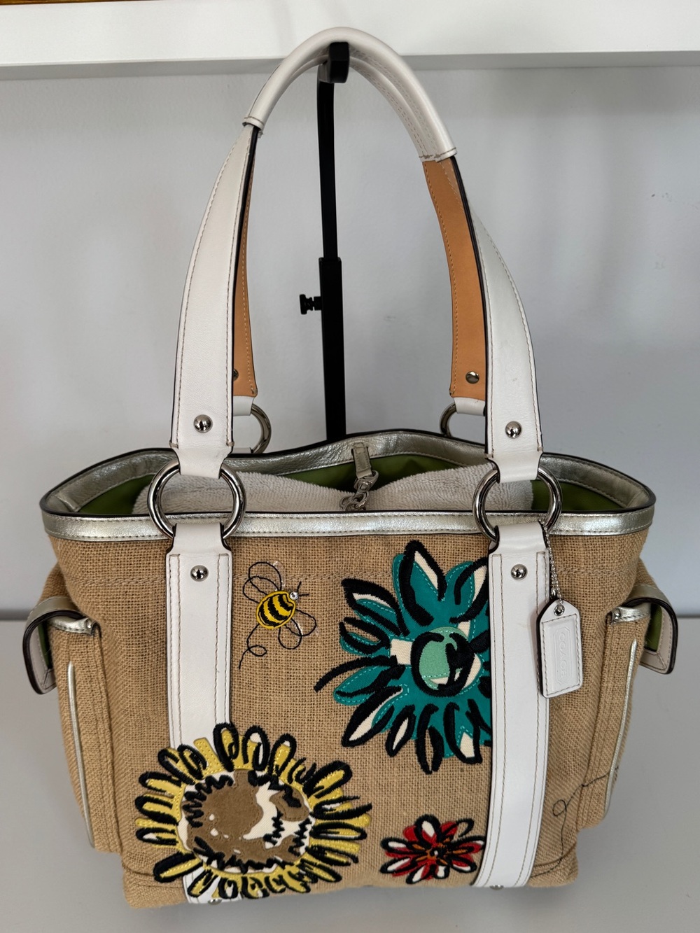 Coach Limited Edition Bumble Bee Floral Tote with White Trim and Green Interior